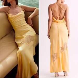 Chandra Lace Detail Satin Maxi Dress - Lemon. From Meshki. Size small